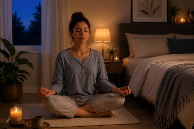 Person practicing meditation before sleep